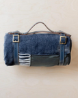 Recycled Wool Picnic Blanket with Leather Strap | Navy Herringbone - Merino & Me