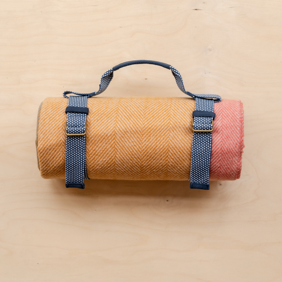 Recycled Wool Picnic Blanket with Recycled Carrier Strap | Mustard Frame Check