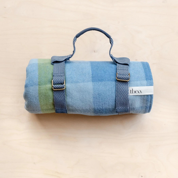 Recycled Wool Picnic Blanket with Recycled Carrier Strap | Blue Gradient Gingham