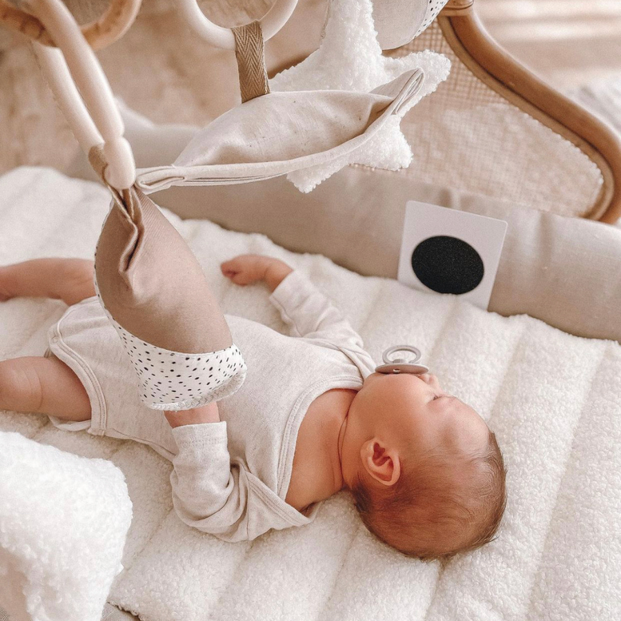 Rattan Play Gym Bundle | 100% Wool Filled | White Cloud & Stone Gingham