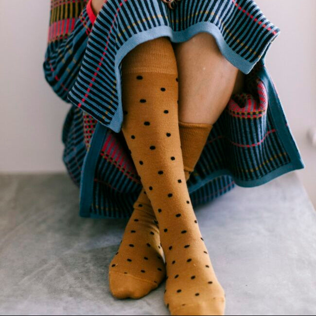 Knee Length Ladies Merino Wool Socks | Mustard Dotty