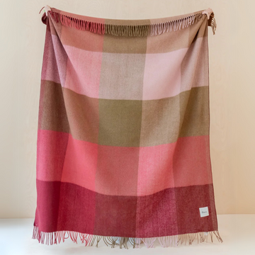 Recycled Wool Full Size Blanket | Pink Herringbone Block Check