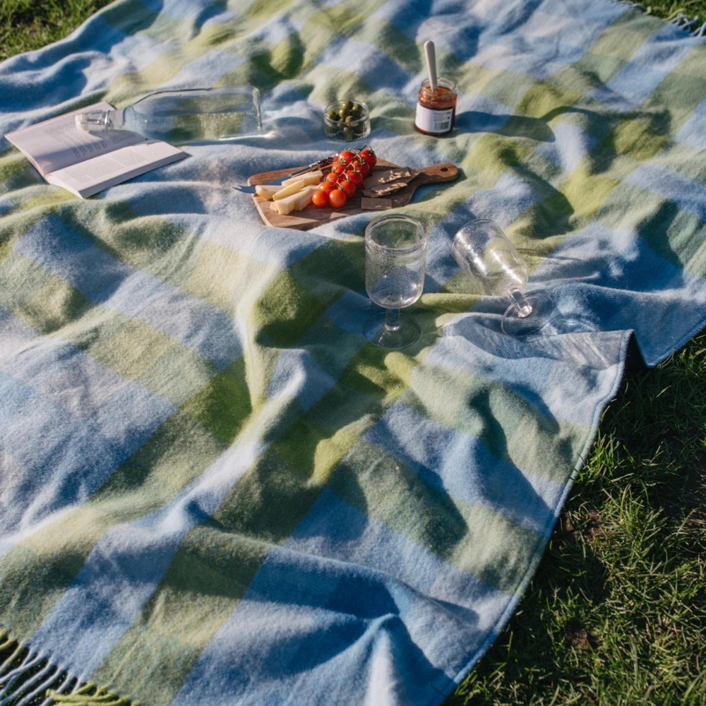 Recycled Wool Picnic Blanket with Recycled Carrier Strap | Blue Gradient Gingham