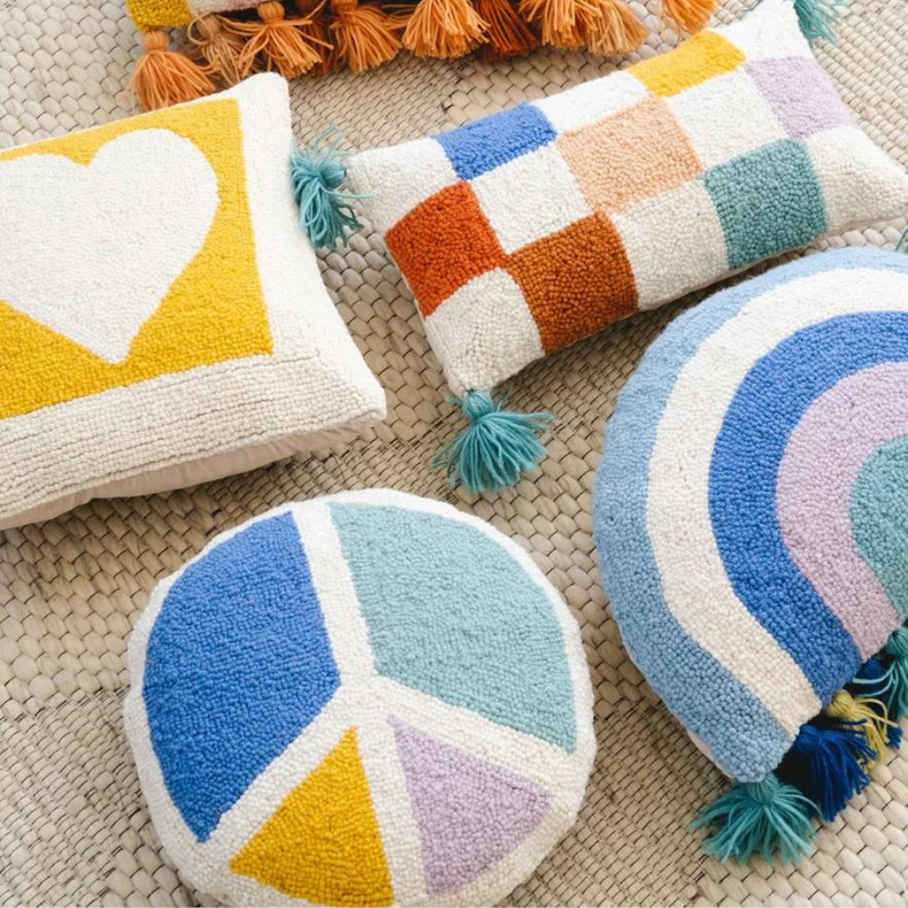 Wool Hook Cushion | Cool Rainbow with Tassels - Merino & Me
