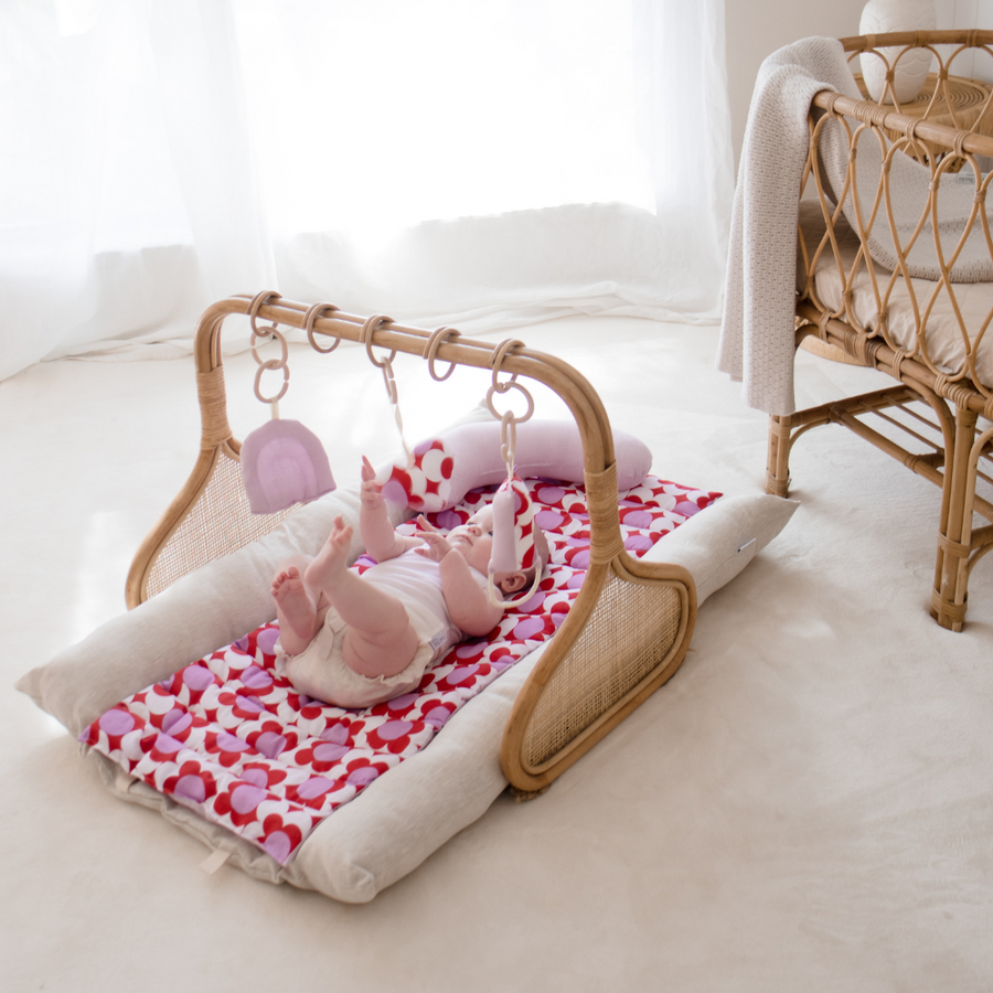 Rattan Play Gym Bundle | 100% Wool Filled | Red Daisy