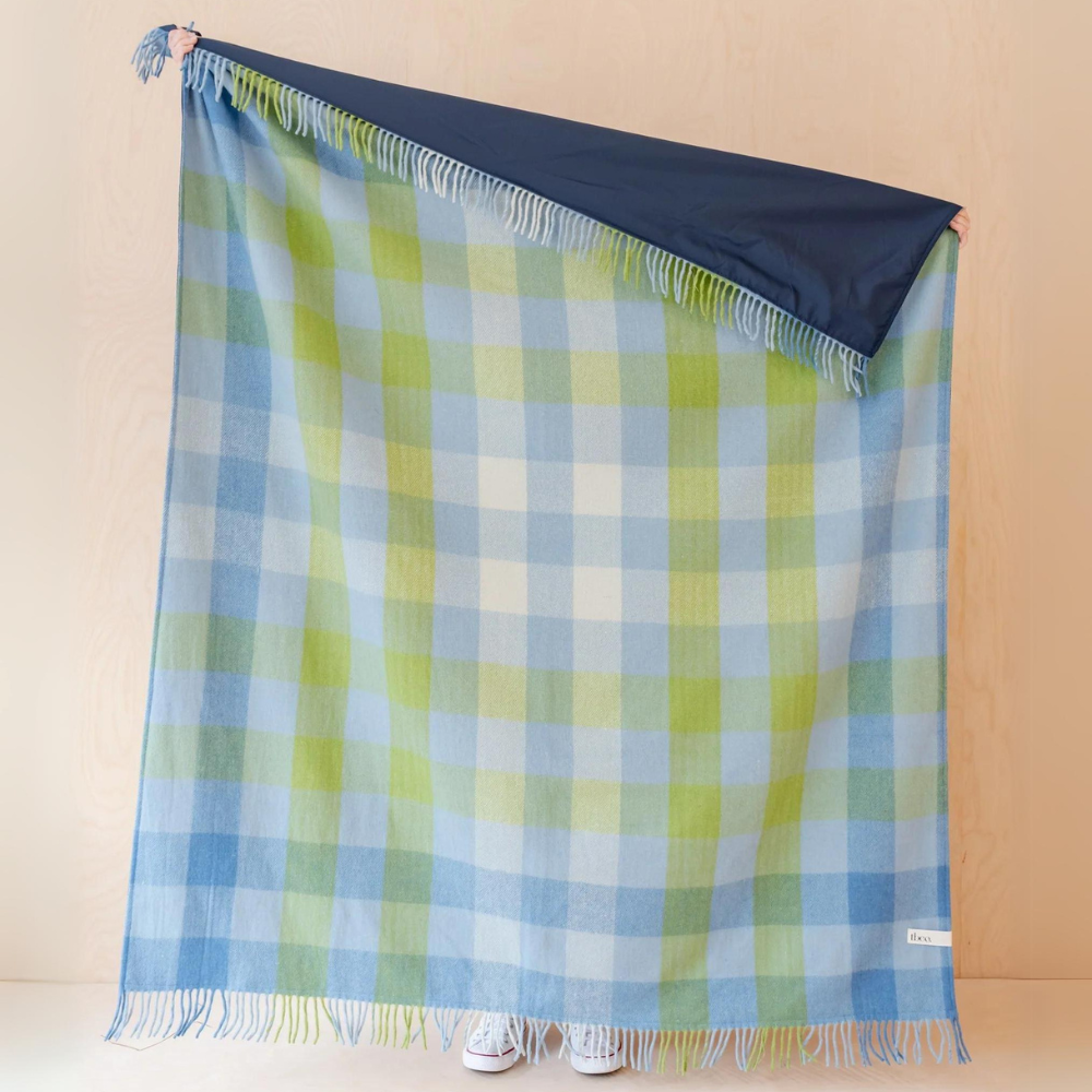 Recycled Wool Picnic Blanket with Recycled Carrier Strap | Blue Gradient Gingham
