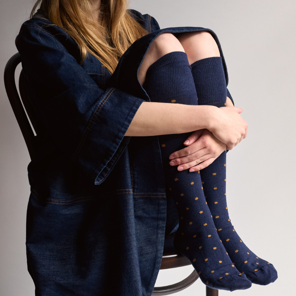 Knee Length Ladies Merino Wool Socks | Navy Dotty