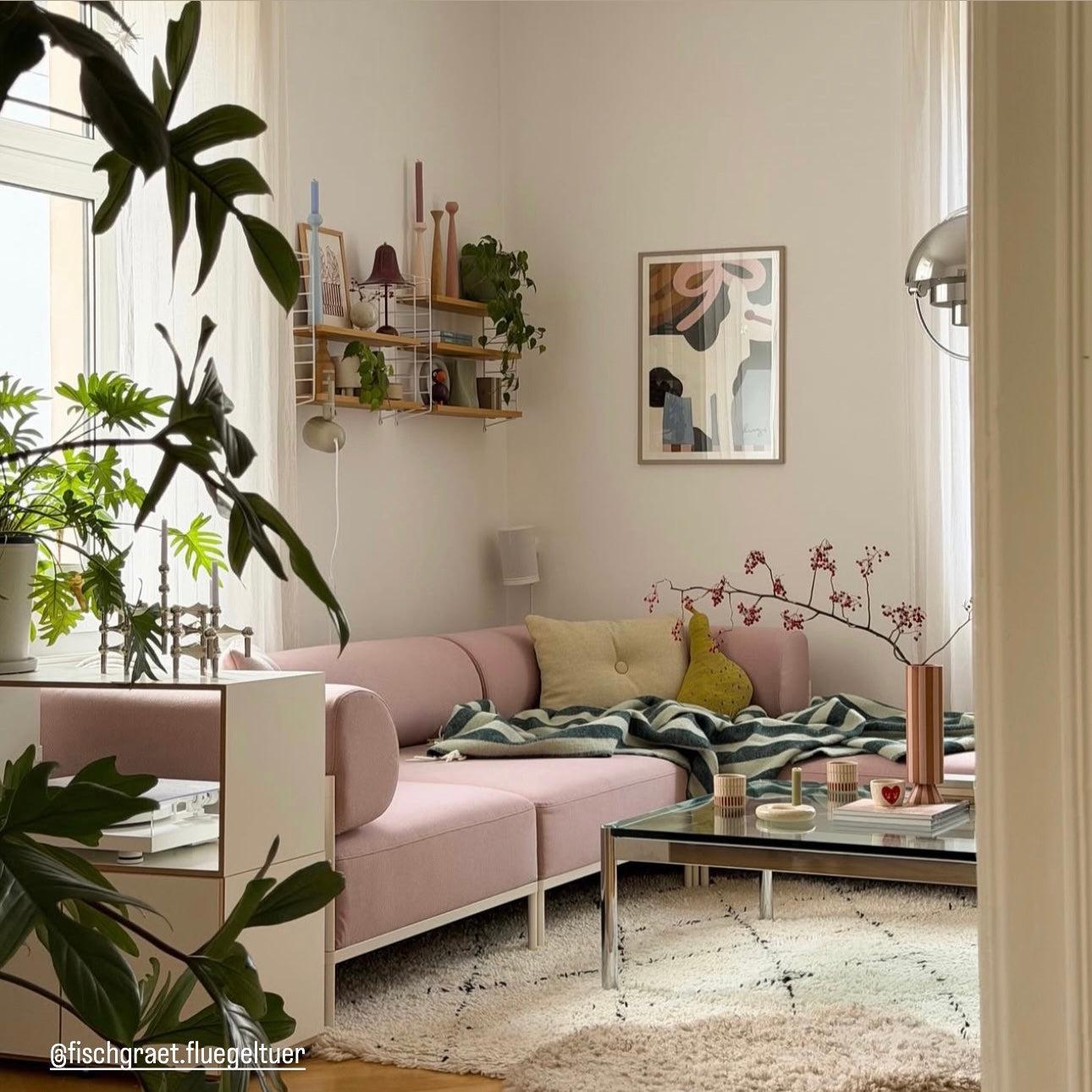 Luxury Wool Blanket featured in Modern living room with pink sofa, plants, and decorative items.