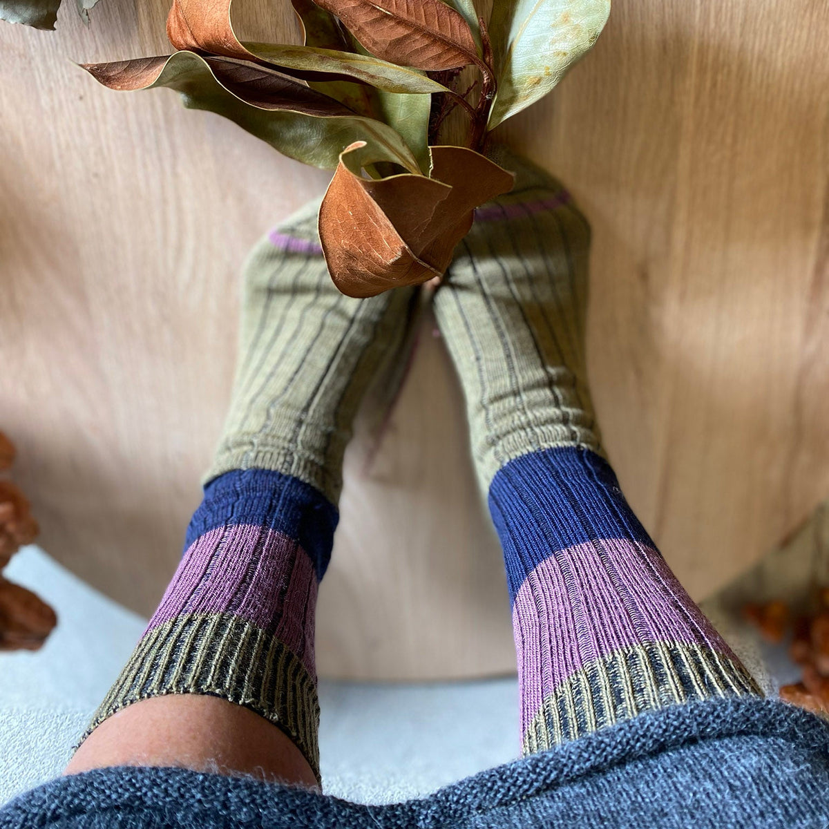 Ladies Chunky Rib Merino Socks | Khaki Stripe