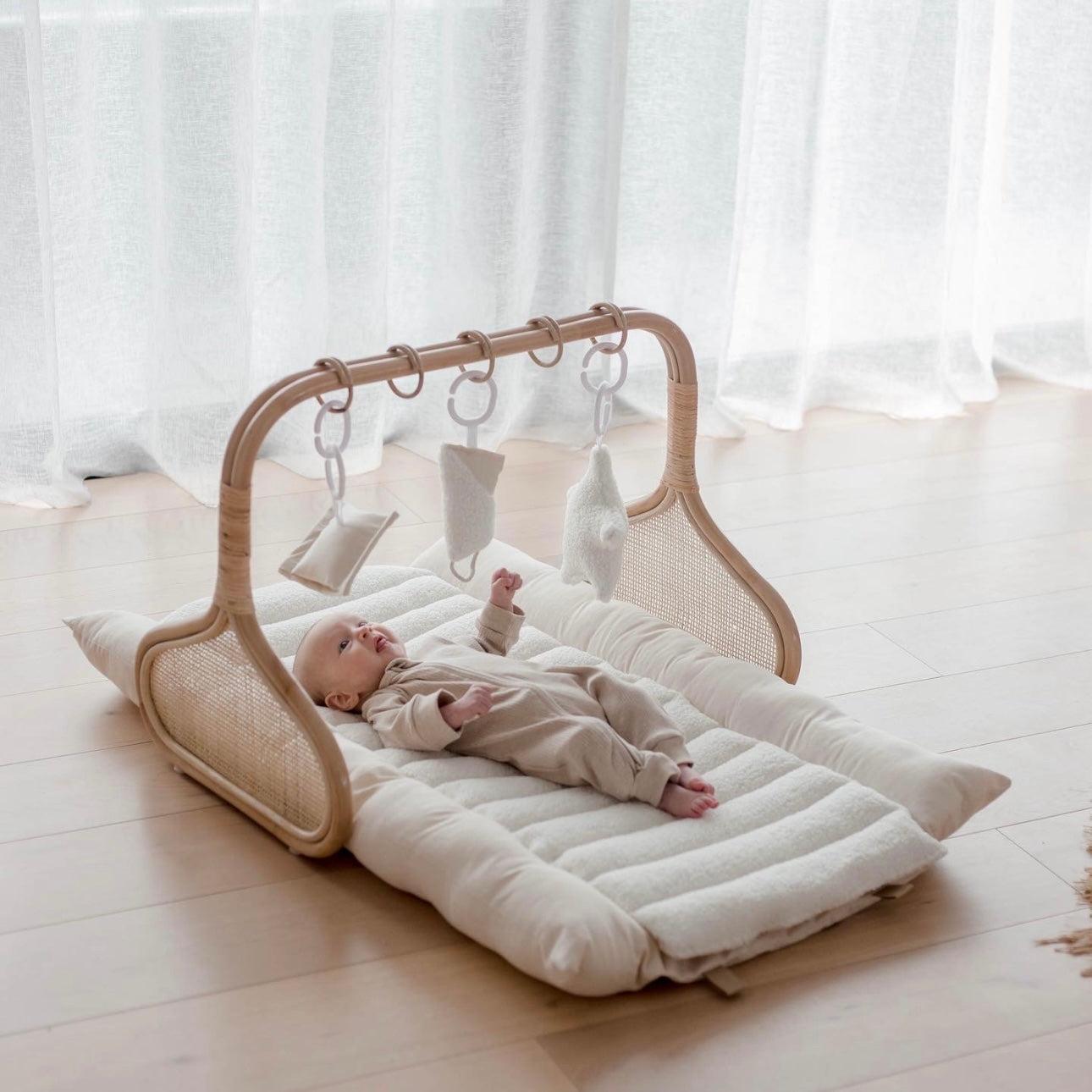 Rattan Play Gym Bundle | 100% Wool Filled | White Cloud &amp; Stone Gingham
