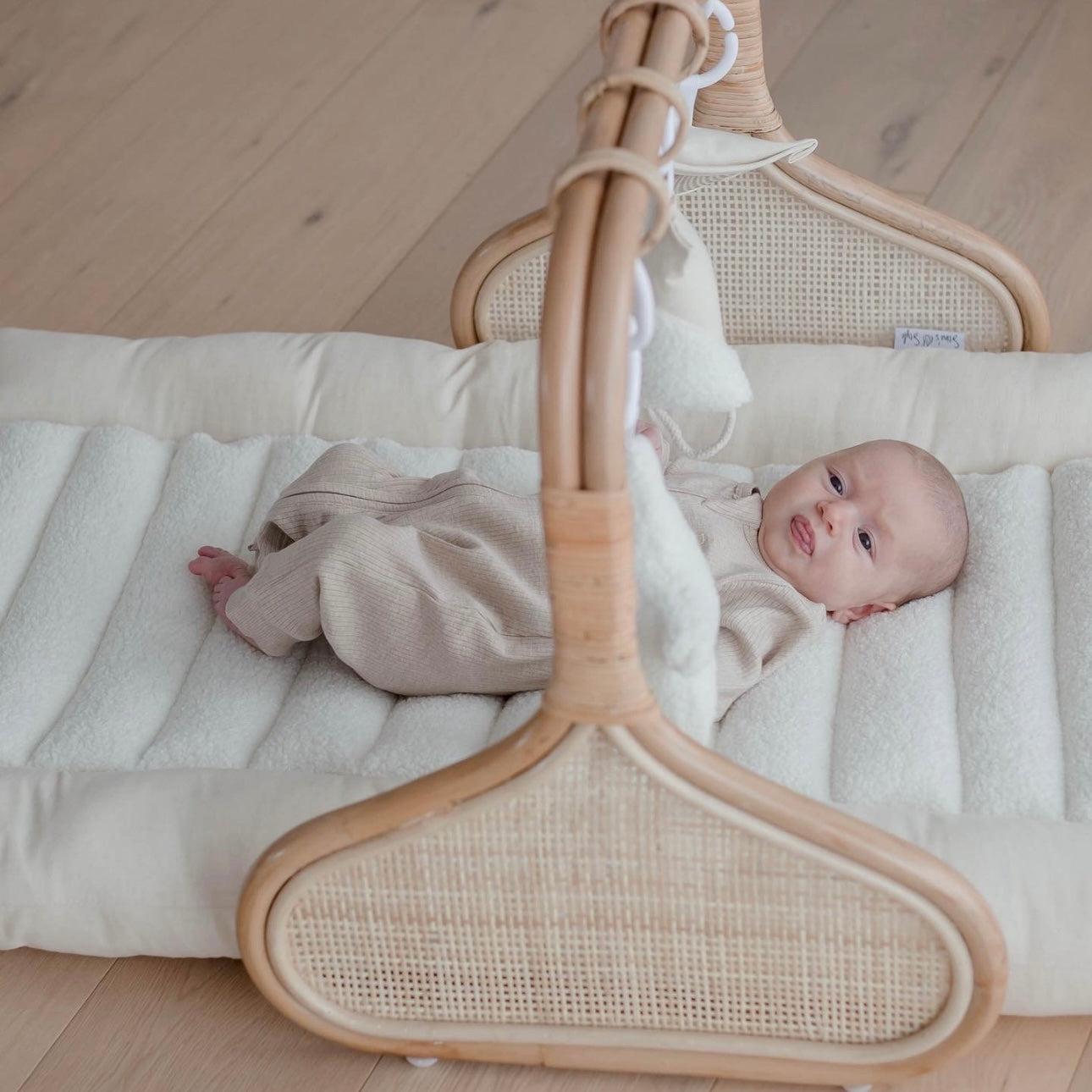 Rattan Play Gym Bundle | 100% Wool Filled | White Cloud &amp; Stone Gingham