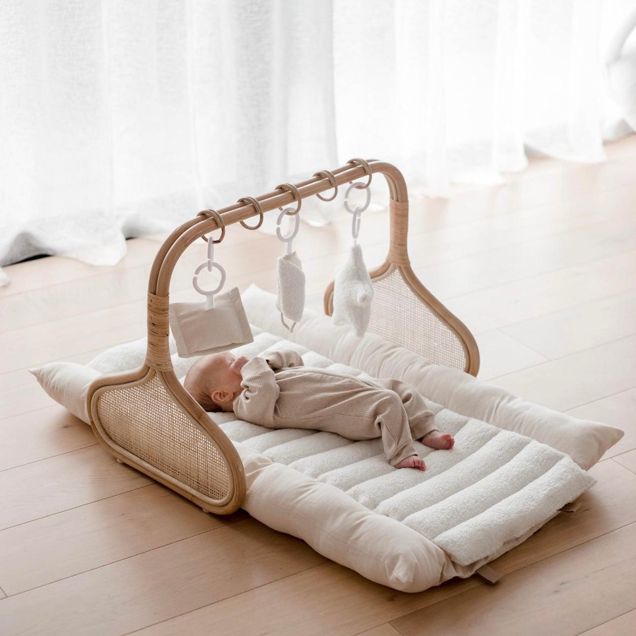 Rattan Play Gym Bundle | 100% Wool Filled | White Cloud &amp; Stone Gingham