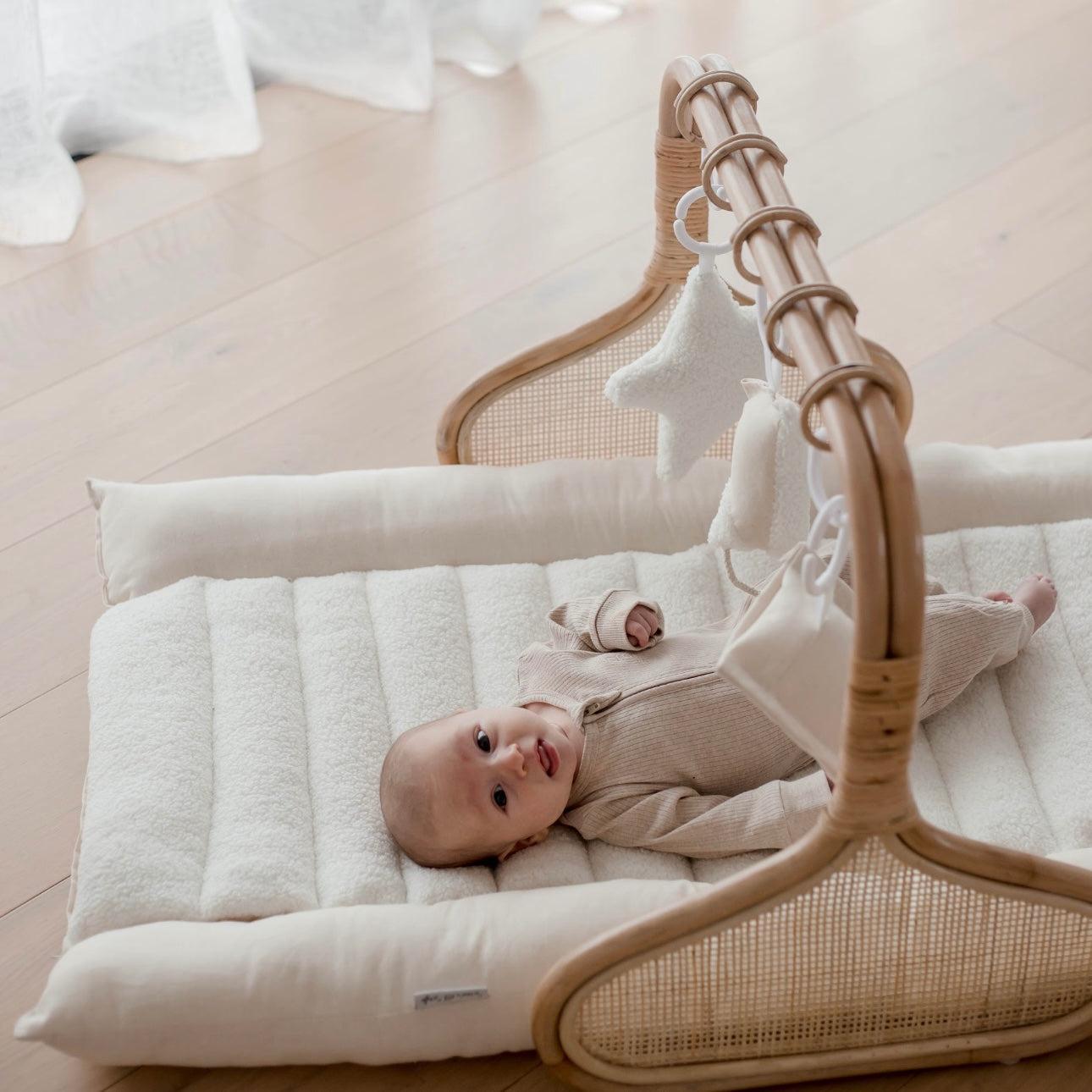 Rattan Play Gym Bundle | 100% Wool Filled | White Cloud &amp; Stone Gingham