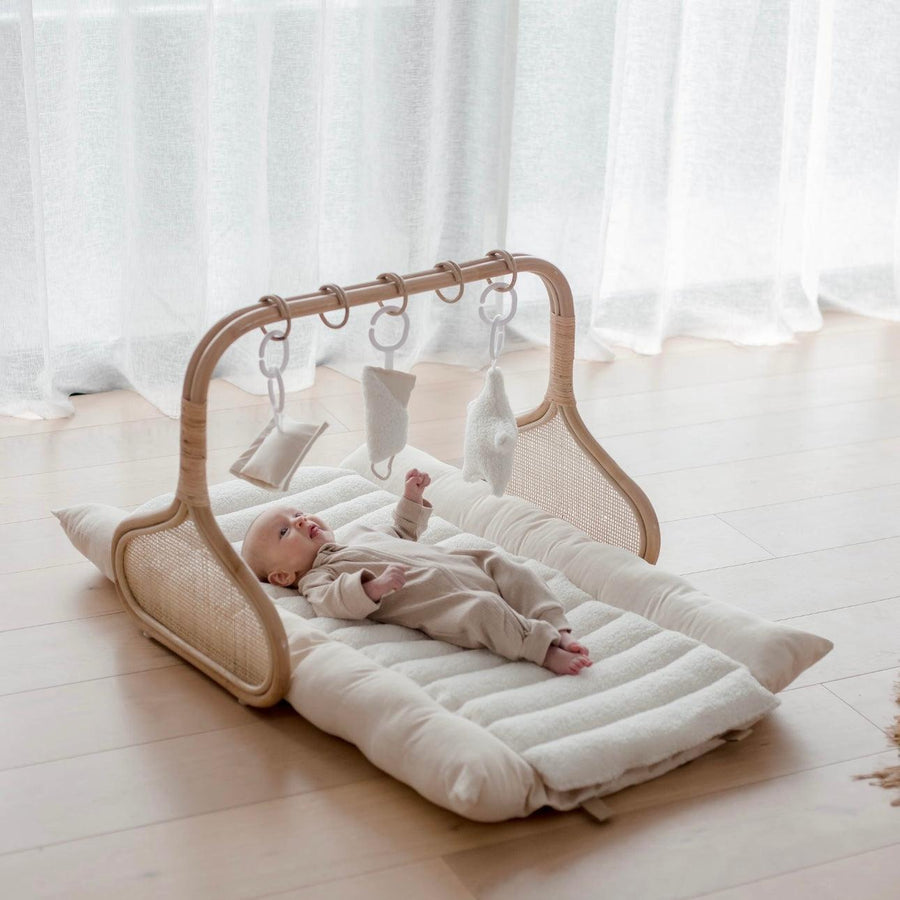 Rattan Play Gym Bundle | 100% Wool Filled | White Cloud & Stone Gingham