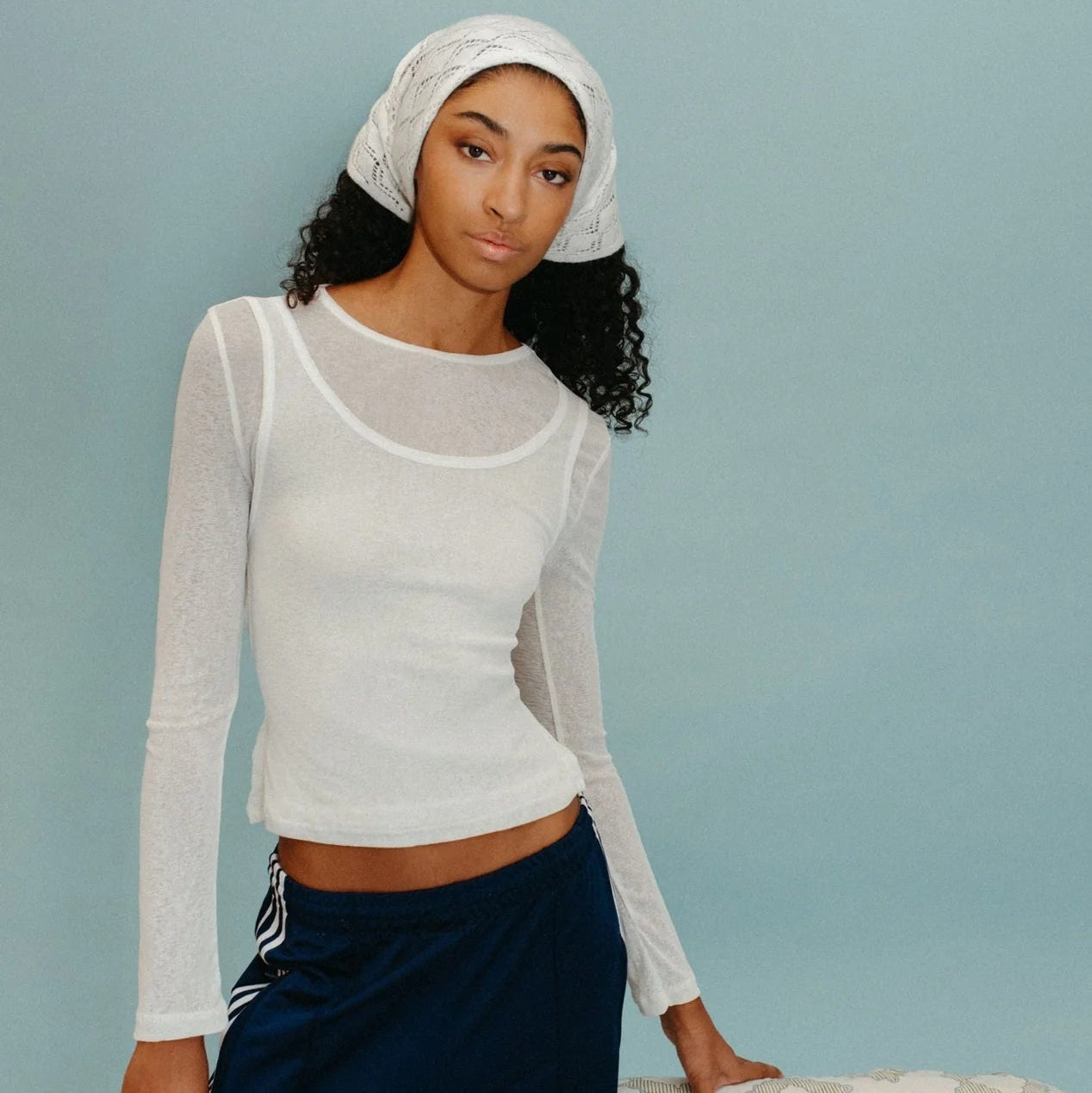 Small Merino Wool Triangle Scarf | White Pointelle