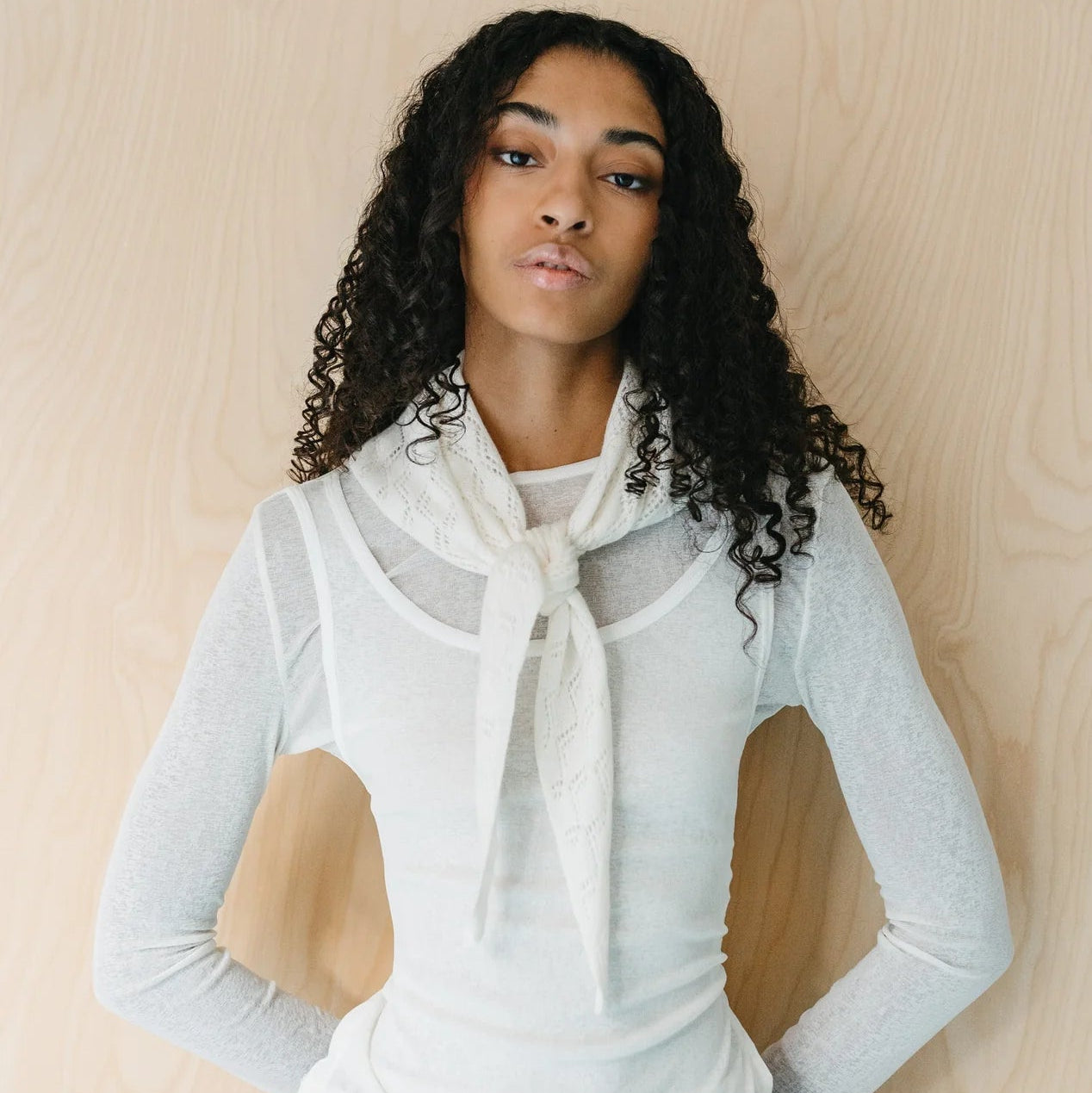 Small Merino Wool Triangle Scarf | White Pointelle