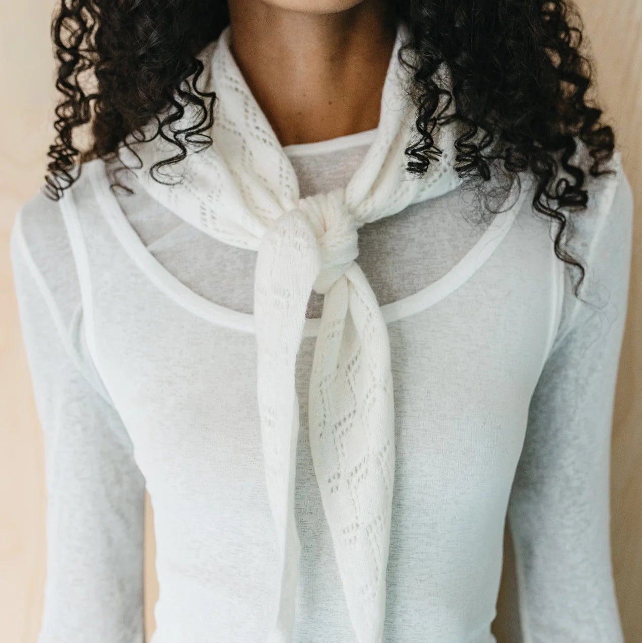 Small Merino Wool Triangle Scarf | White Pointelle