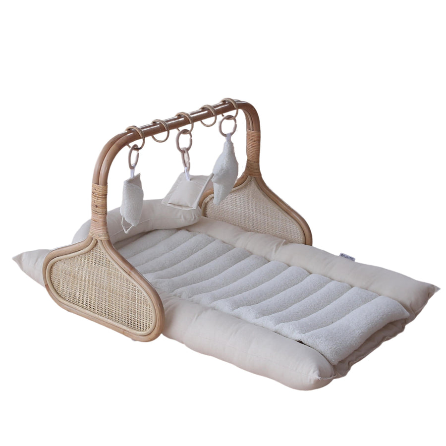 Rattan Play Gym Bundle | 100% Wool Filled | White Cloud & Stone Gingham