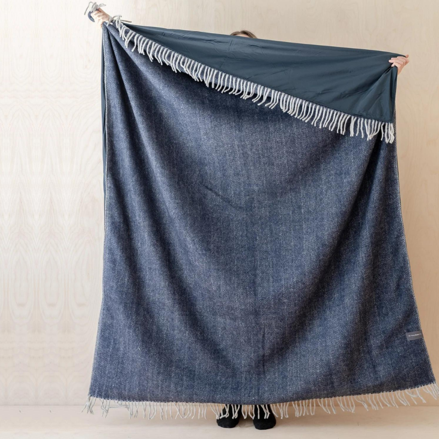 Recycled Wool Picnic Blanket with Leather Strap | Navy Herringbone - Merino & Me