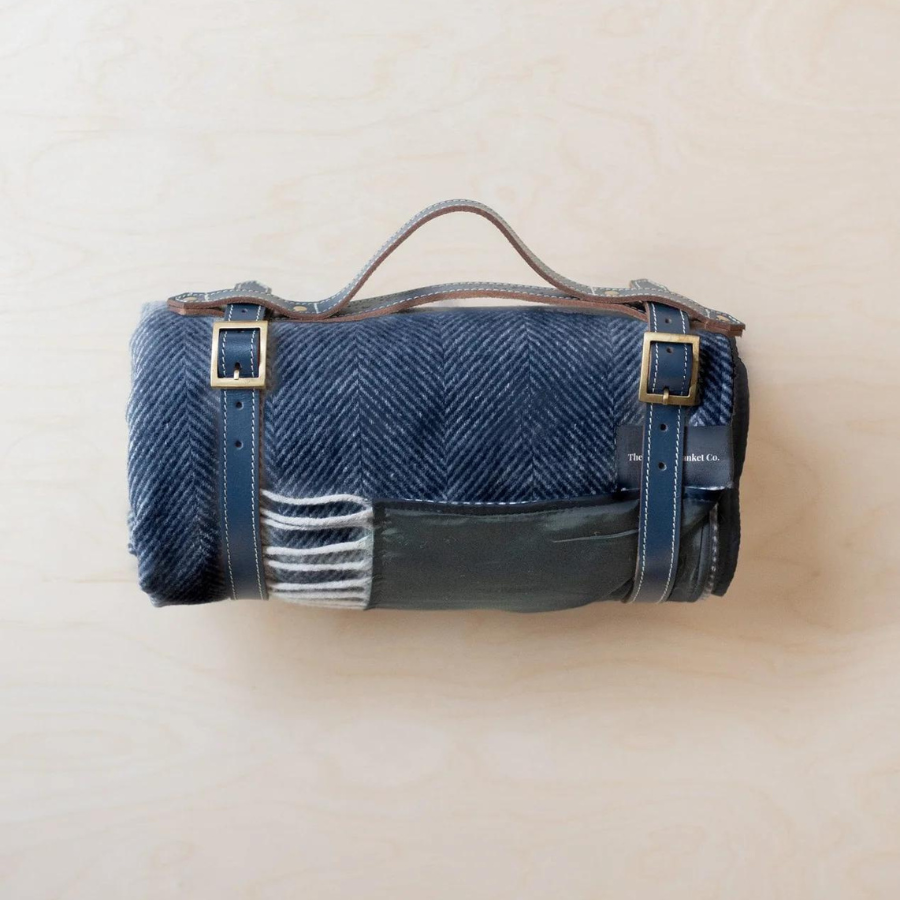 Recycled Wool Picnic Blanket with Leather Strap | Navy Herringbone - Merino & Me