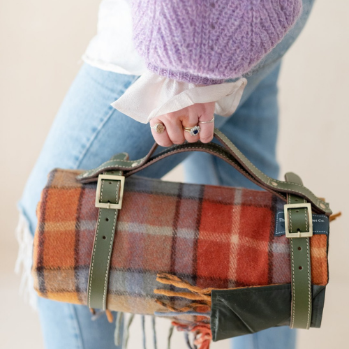 Wool Picnic Blanket with Leather Strap-Picnic Blankets-The Tartan Blanket Co-OS-Buchanan Antique-Merino & Me