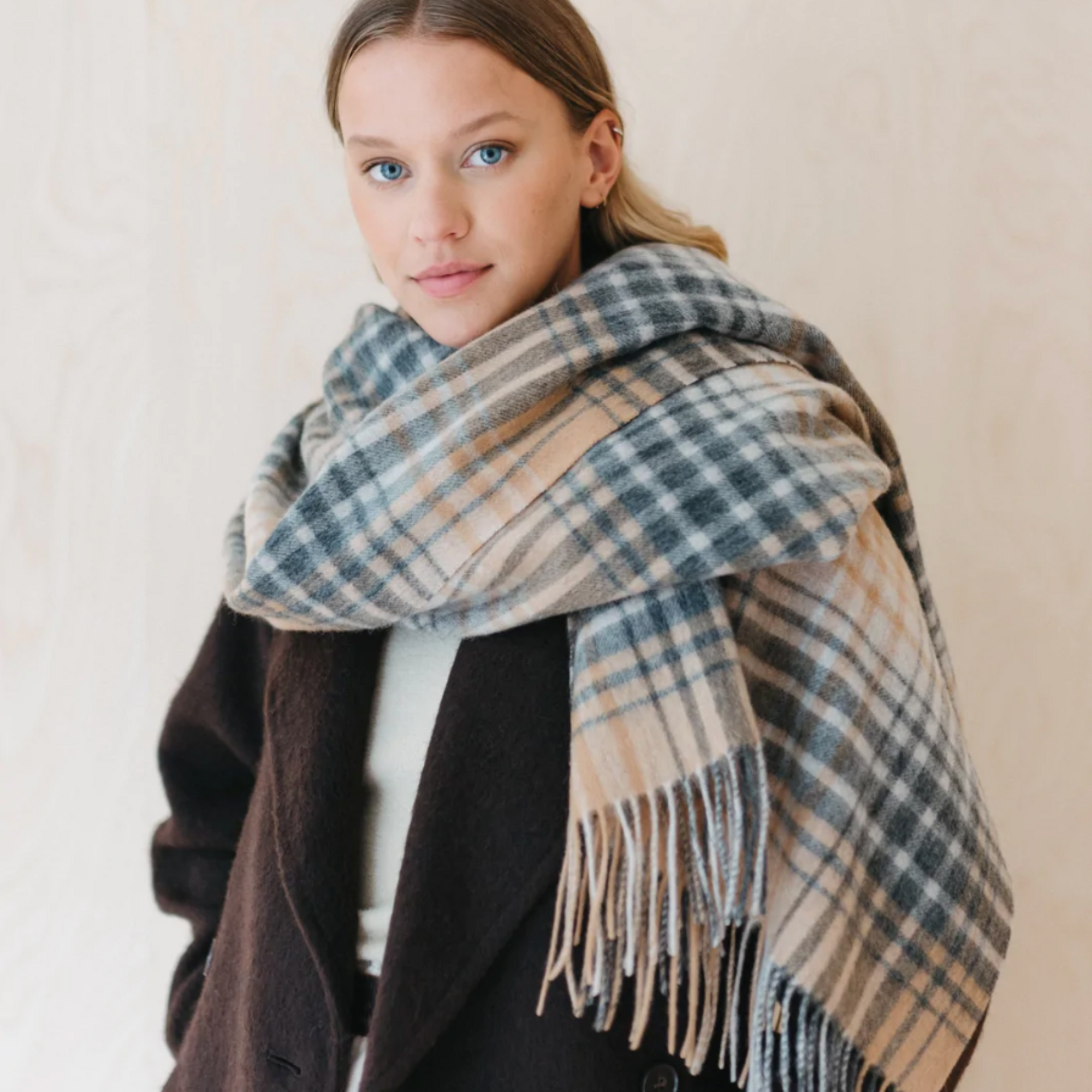 Lambswool Blanket Scarf | Camel Gradient Check - Merino & Me