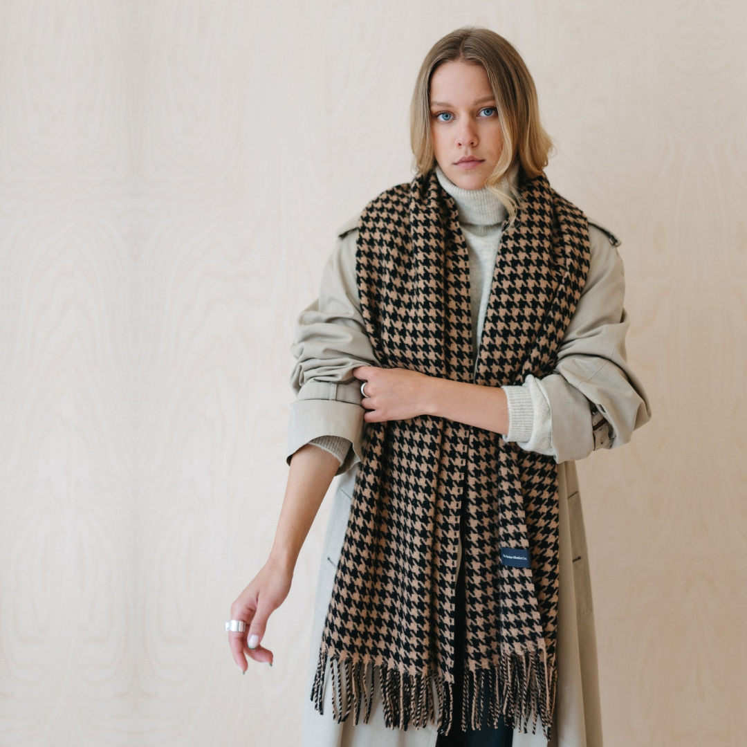 Lambswool Oversized Scarf | Camel Houndstooth